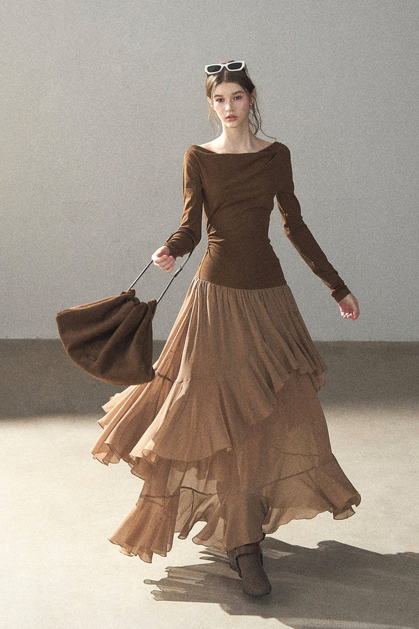 Layered Patchwork Flared Long Dress