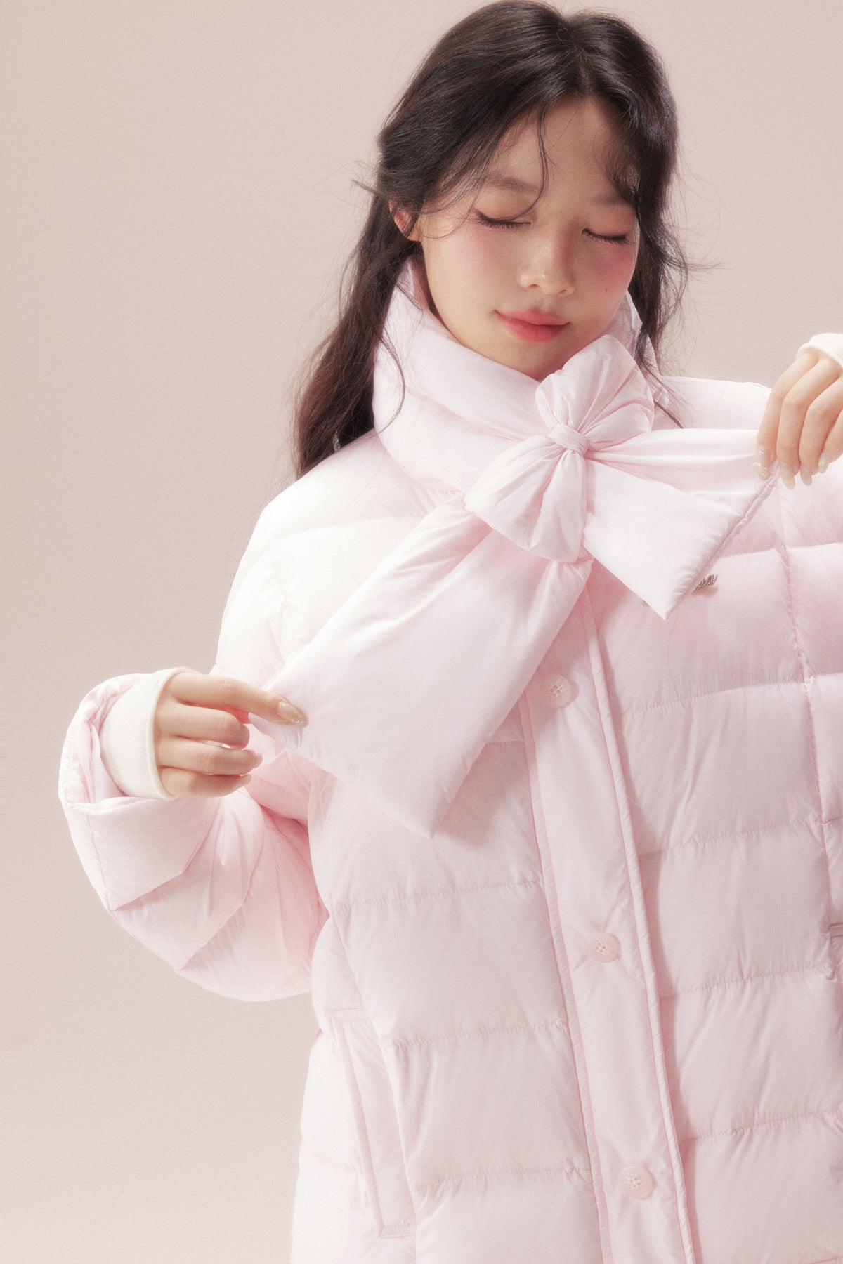 Bow-Knot Scarf Mid-Length Down Jacket