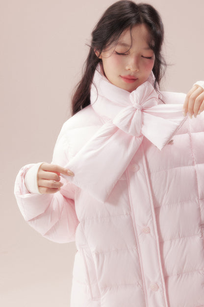 Bow-Knot Scarf Mid-Length Down Jacket