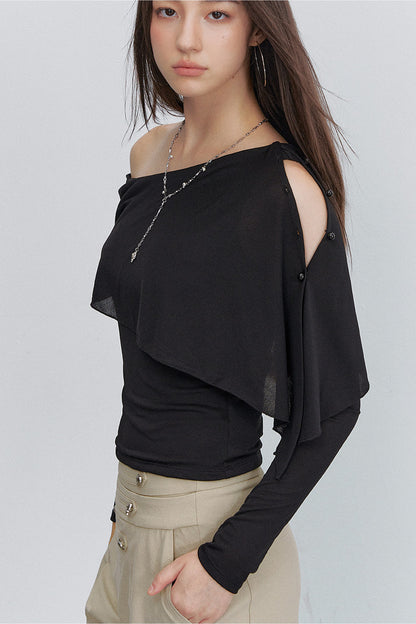 Asymmetric One-Shoulder Button Shawl Long Sleeve Top
