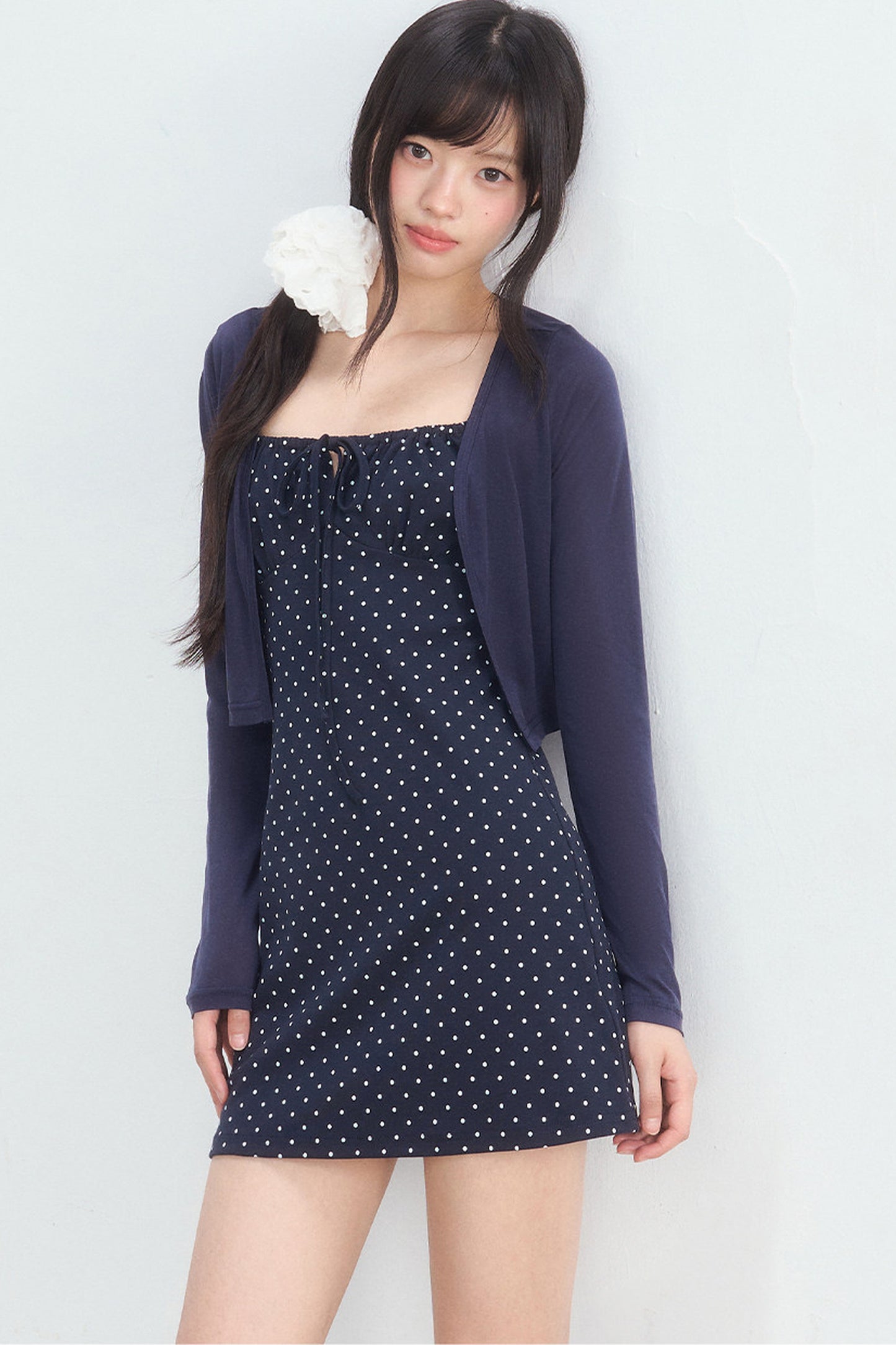 Navy Polka Dot Suspender Dress With Cardigan