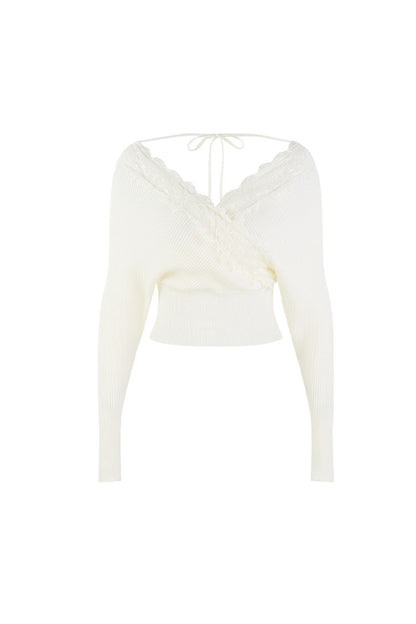 V-Neck Hollow Knit Top and Jeans Set-Up