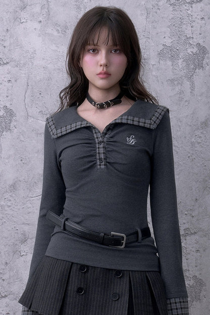 Gray Large Lapel Ruched Patchwork Blouse