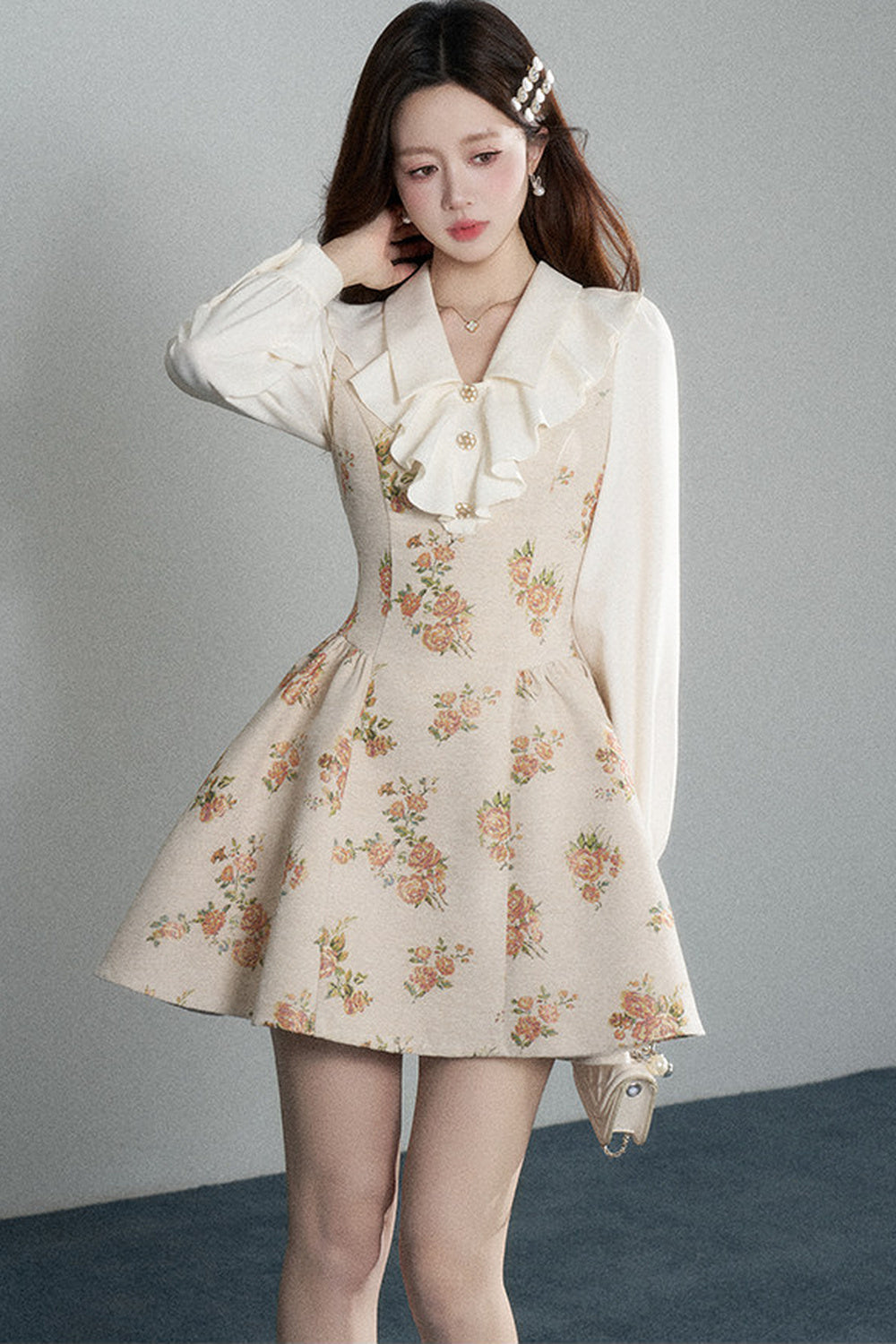Floral Lantern Sleeve Ruffle Collar Dress