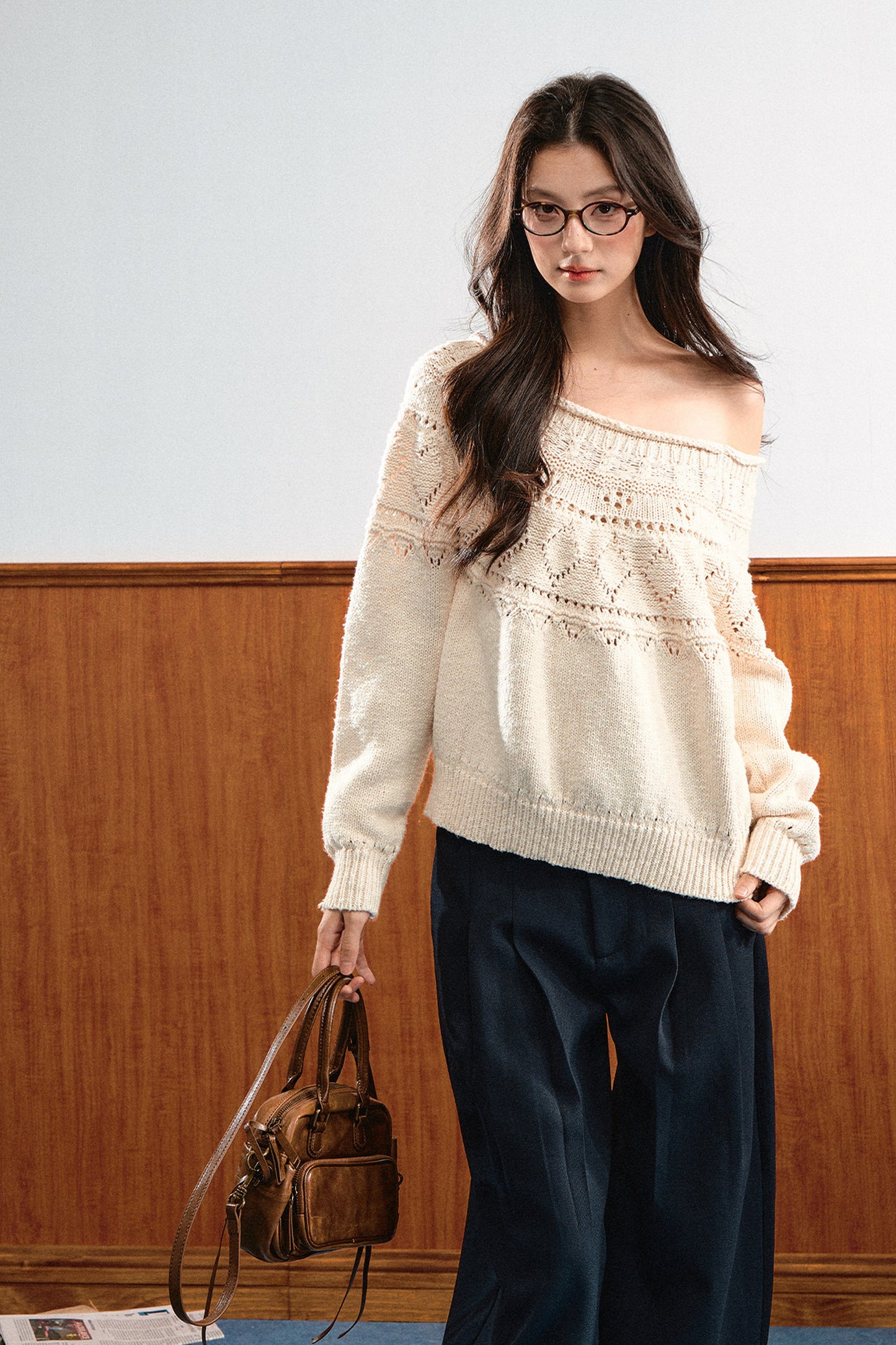 Off-Shoulder Diamond Knit Top