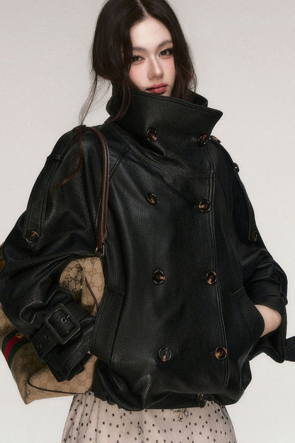 Lederjacke mit lockerer Silhouette und zweireihiger Knopfleiste