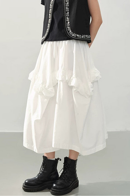 White High Waist Ruffle Midi Skirt