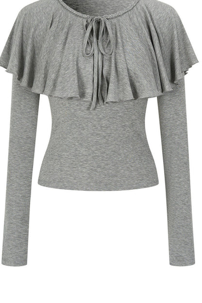 Tie-Front Ruffle Cape Long Sleeve Top