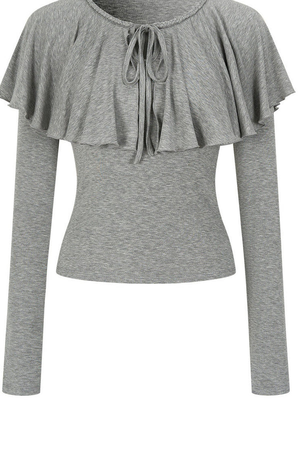 Tie-Front Ruffle Cape Long Sleeve Top