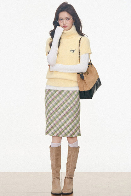 Faux Mink Turtleneck Sweater With Plaid Midi Skirt and Pants Set-Up