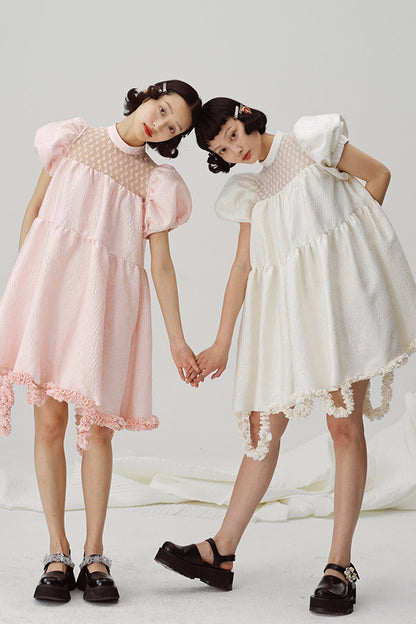 Lace Patchwork Puff Sleeve A-Line Dress
