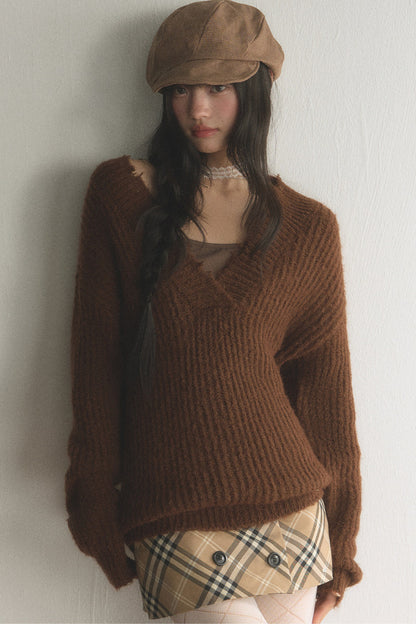 Brown V-Neck Ribbed Pullover