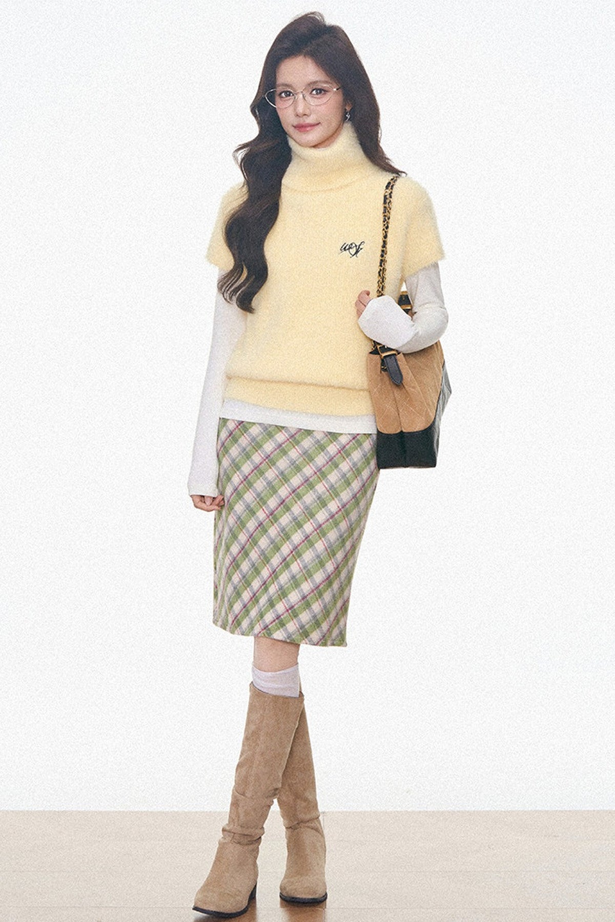 Faux Mink Turtleneck Sweater With Plaid Midi Skirt and Pants Set-Up