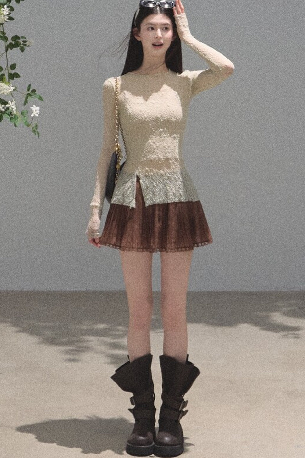 Silver Textured Knit Lace Blouse