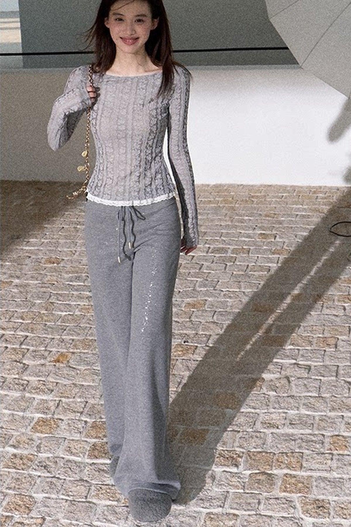 Wool Jacquard Lace Trim Color-Block Knit Top