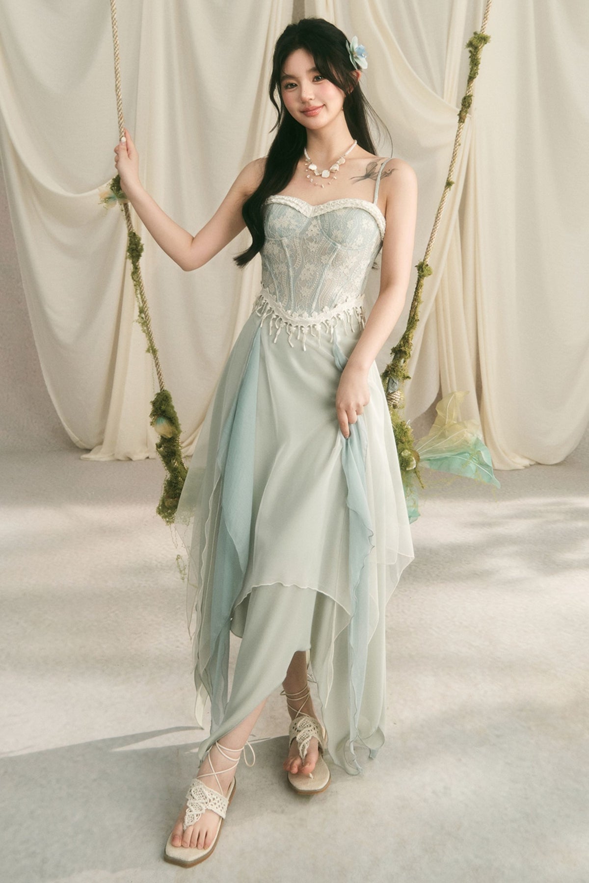 Retro Lace Fishbone Tube Top and Layered Skirt Set-Up