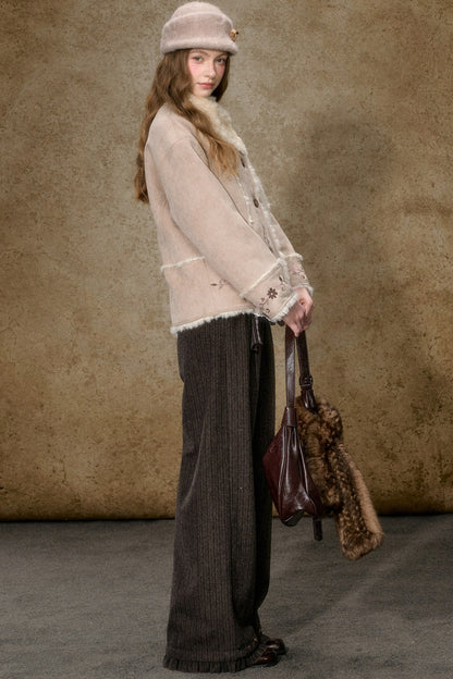 Embroidered Branch Snow Faux Suede Jacket