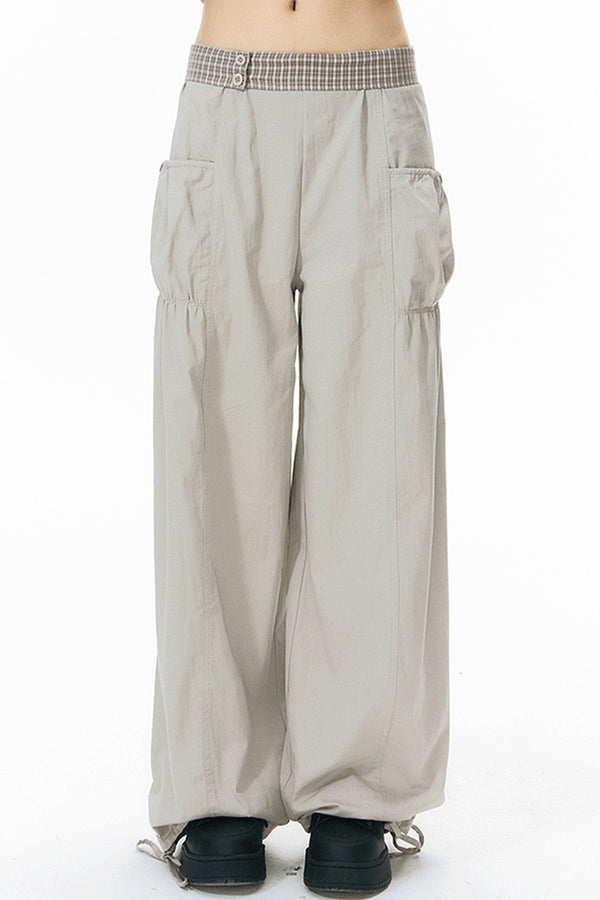 Patchwork Waistband Pocket Wide-Leg Cargo Pants