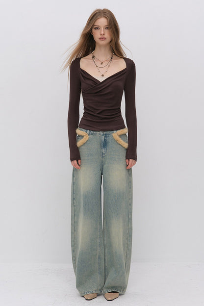 Fur Patch Wide-Leg Jeans