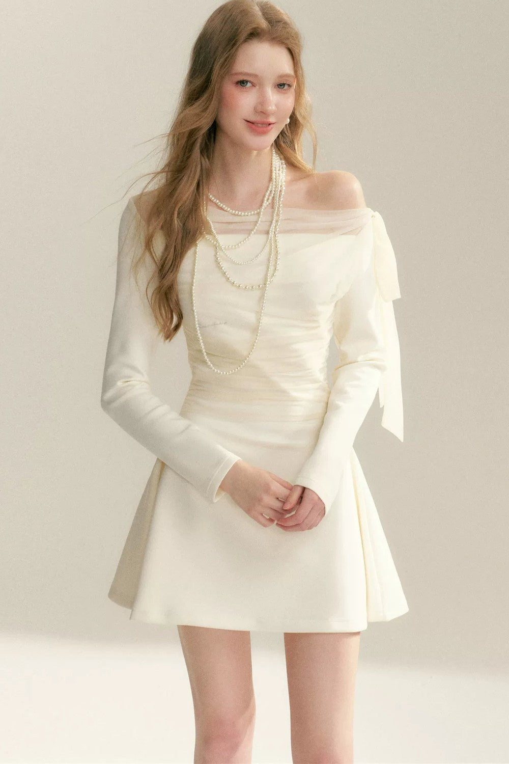Pleated Tulle Bow Long-Sleeve Dress