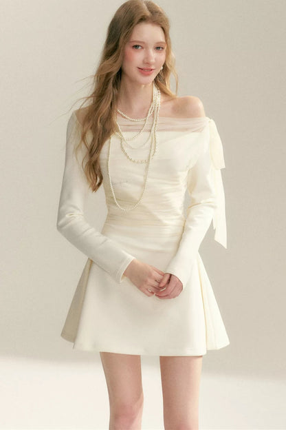 Pleated Tulle Bow Long-Sleeve Dress