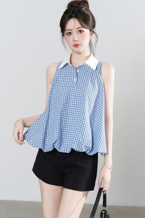 Blue Plaid Halter Blouse
