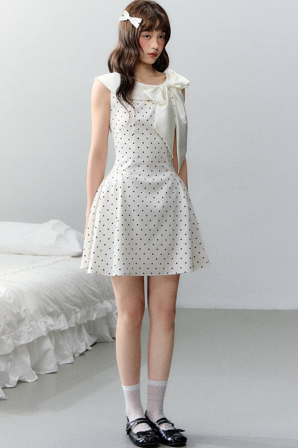 Pink Satin Polka Dot Bow Dress