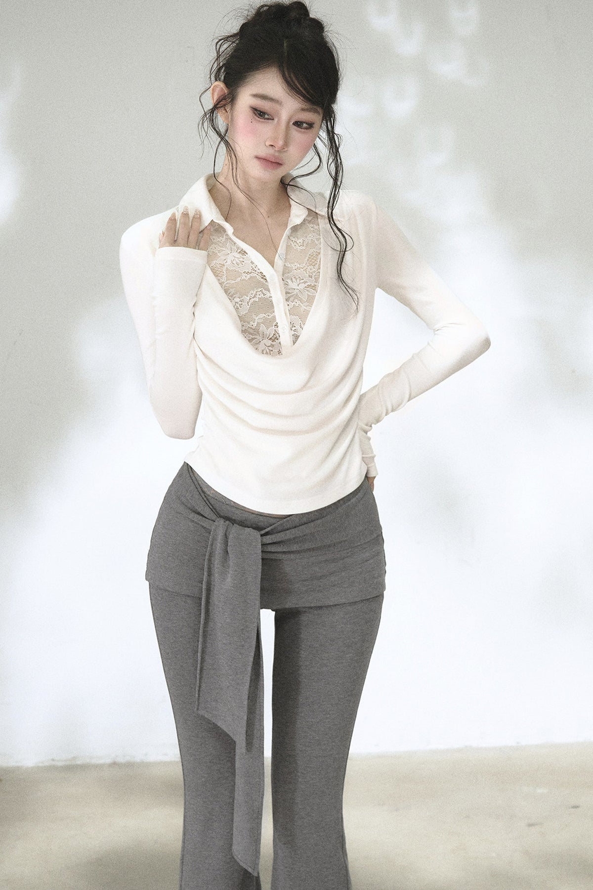Lace Drape Collar Long-Sleeve Knit Top
