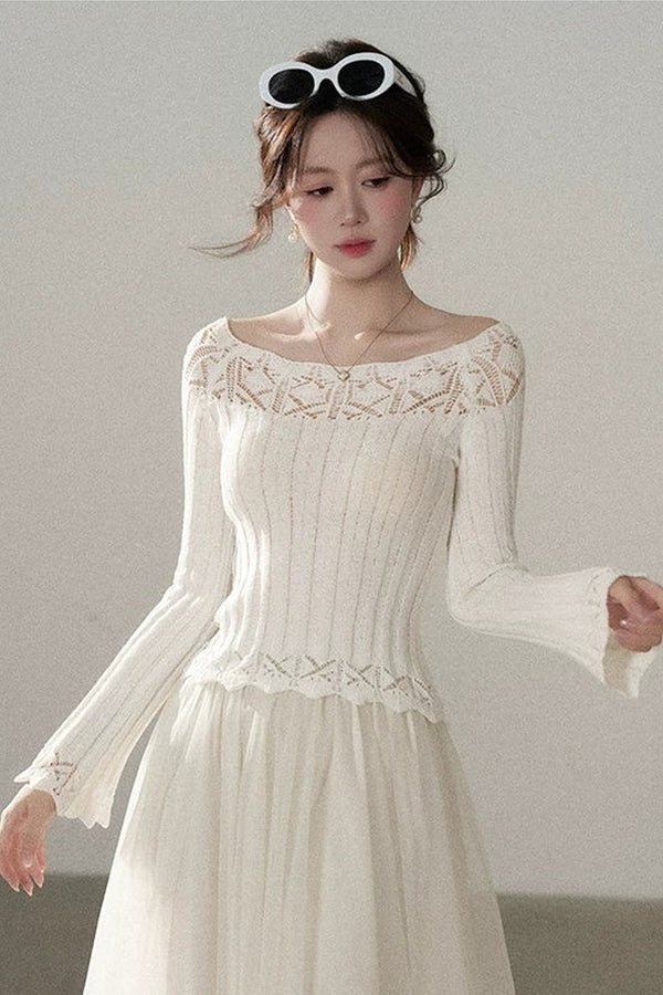 Off-Shoulder Lace Hollow-Out Knit Pullover