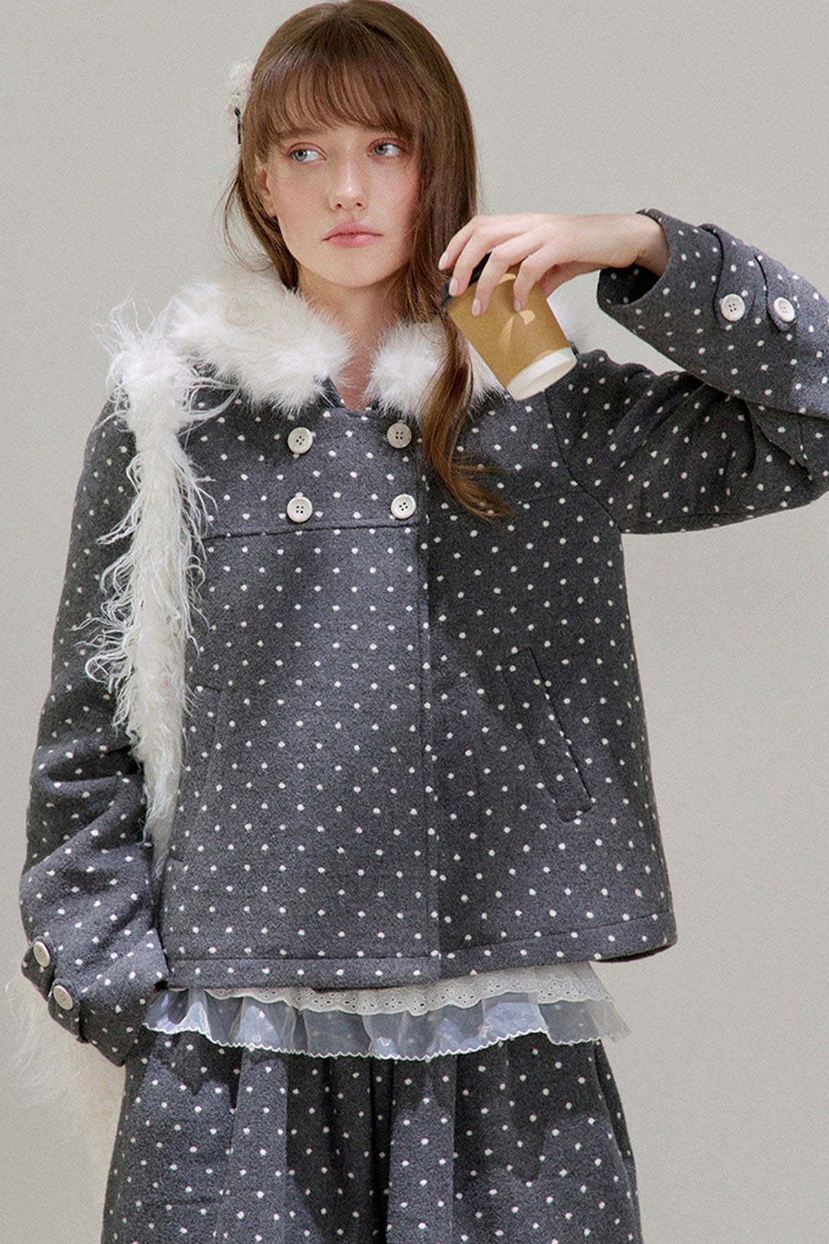 Lace Trim Fur Collar Hooded Coat