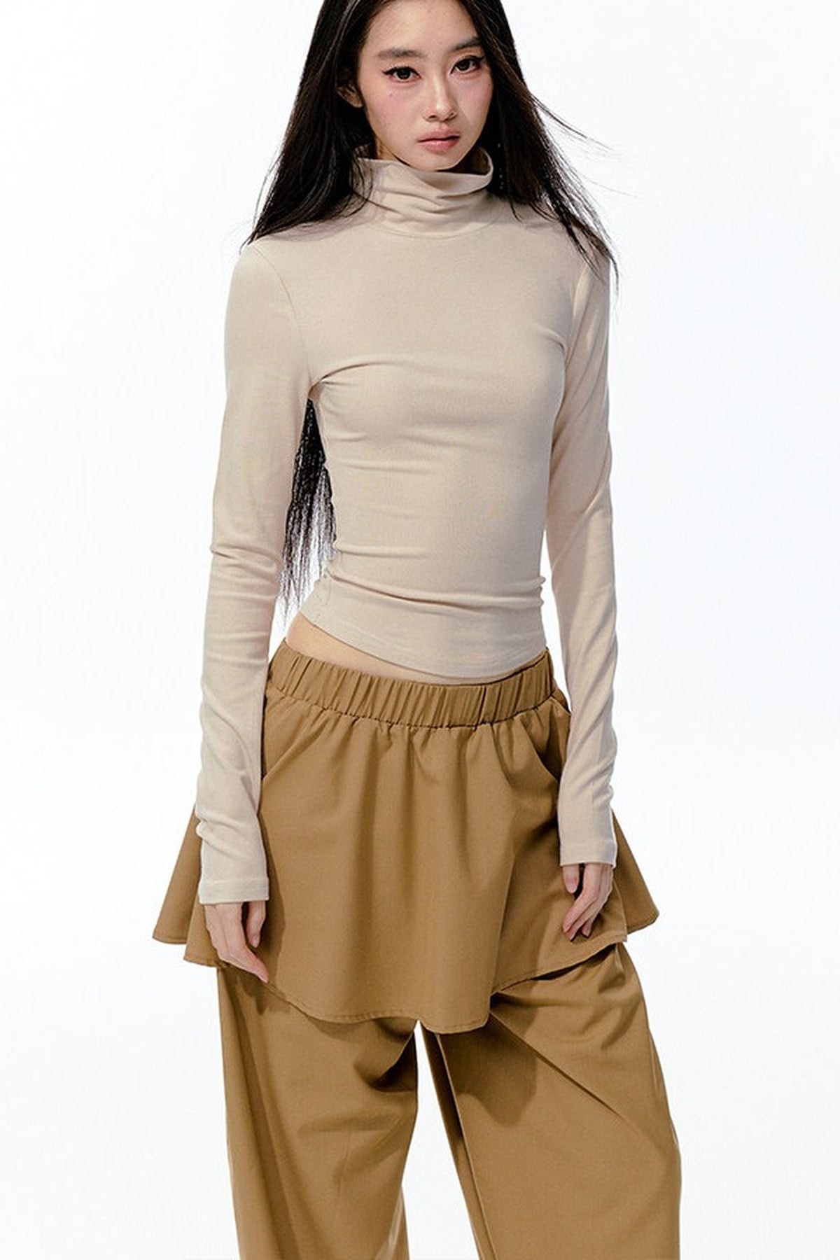 Large Hollow-Out Pearl Chain High-Neck Knit Top