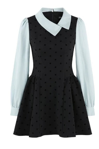 Black Polka Dot Asymmetrical Collar Dress