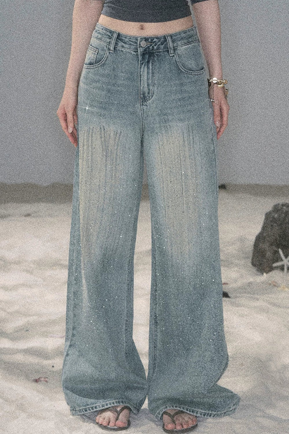 American-Style Rhinestone Wide-Leg Jeans