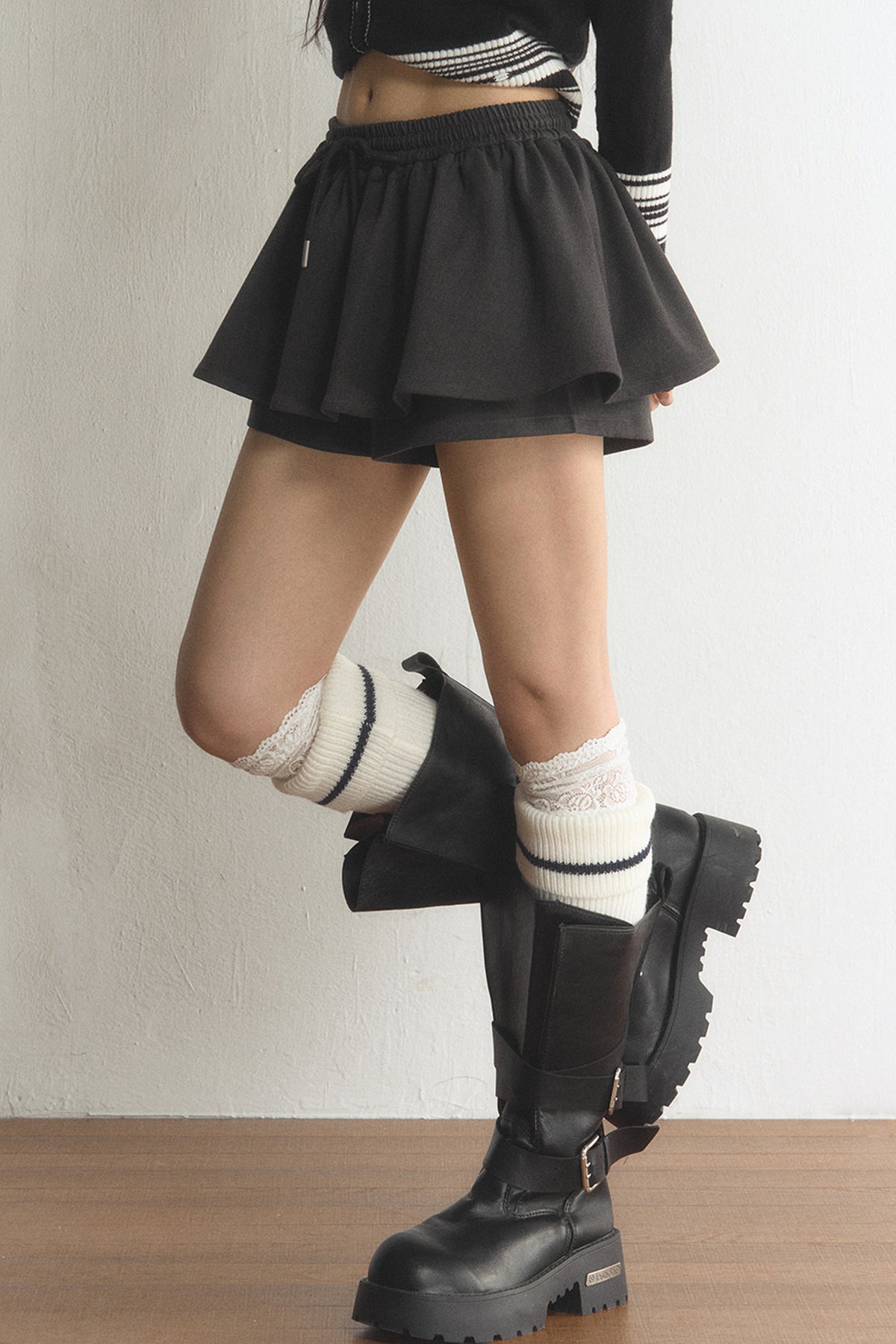 Drawstring High-Waisted Pleated Skirt