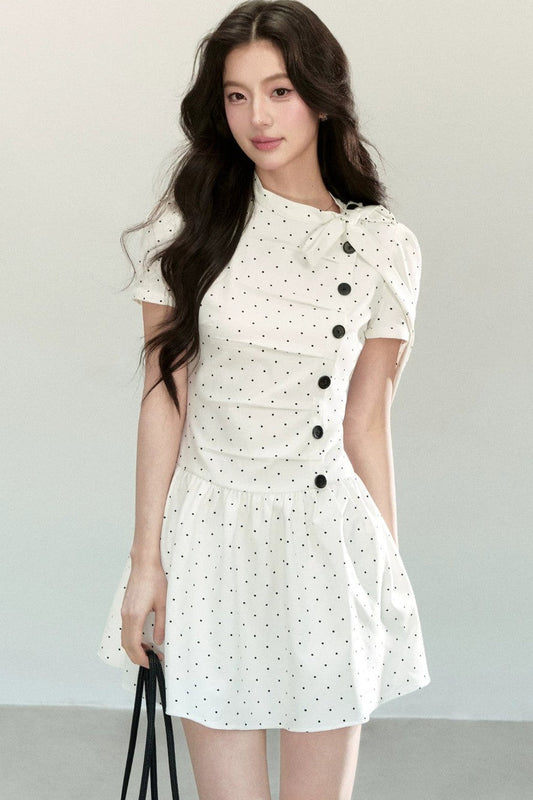 White Polka Dot Pleated Dress