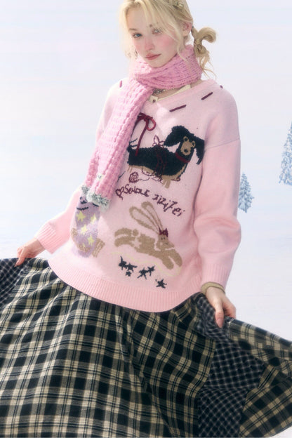Pink Cartoon Print V-Neck Sweater