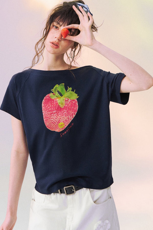 Strawberry Print One-Shoulder Blouse