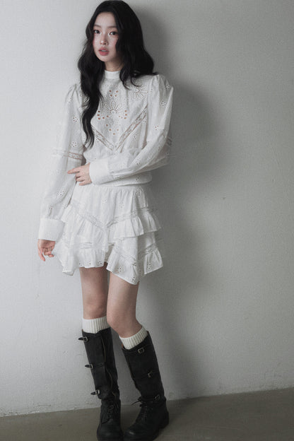 Long-Sleeved Hollow Embroidered Top and Asymmetrical Skirt Set-Up