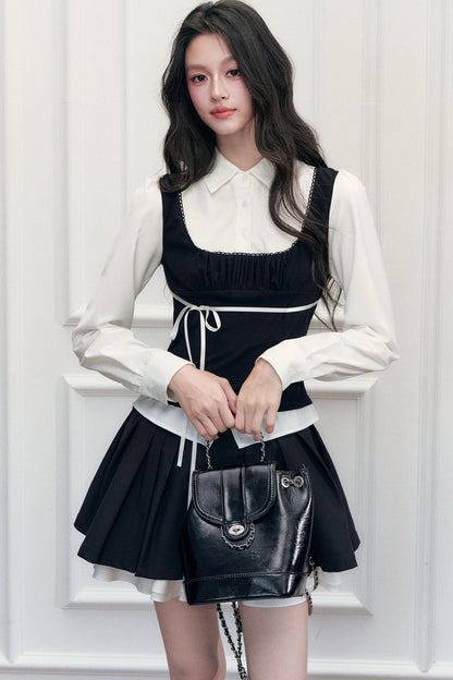 Retro Bow Layered-Look Top and Black Short Skirt Set-Up