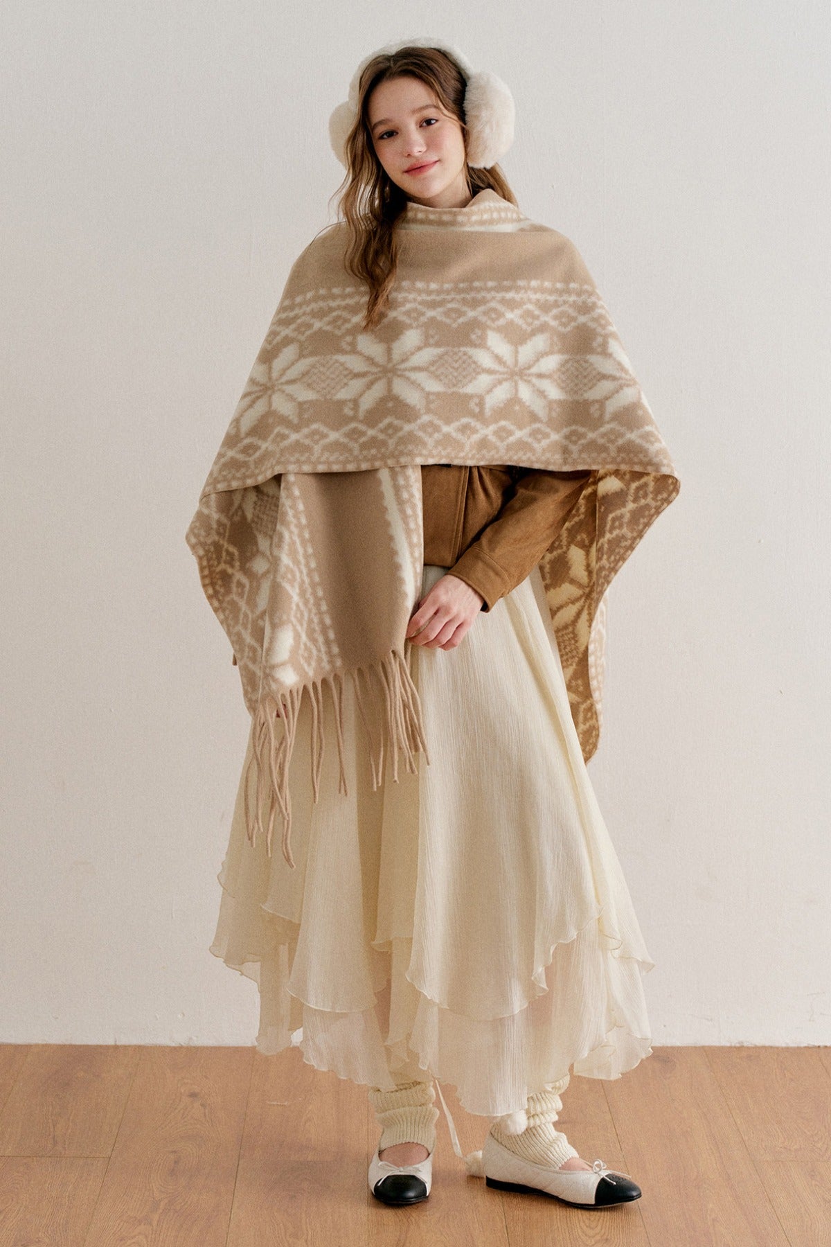 Khaki Fair Isle Jacquard Long Tassel Cape