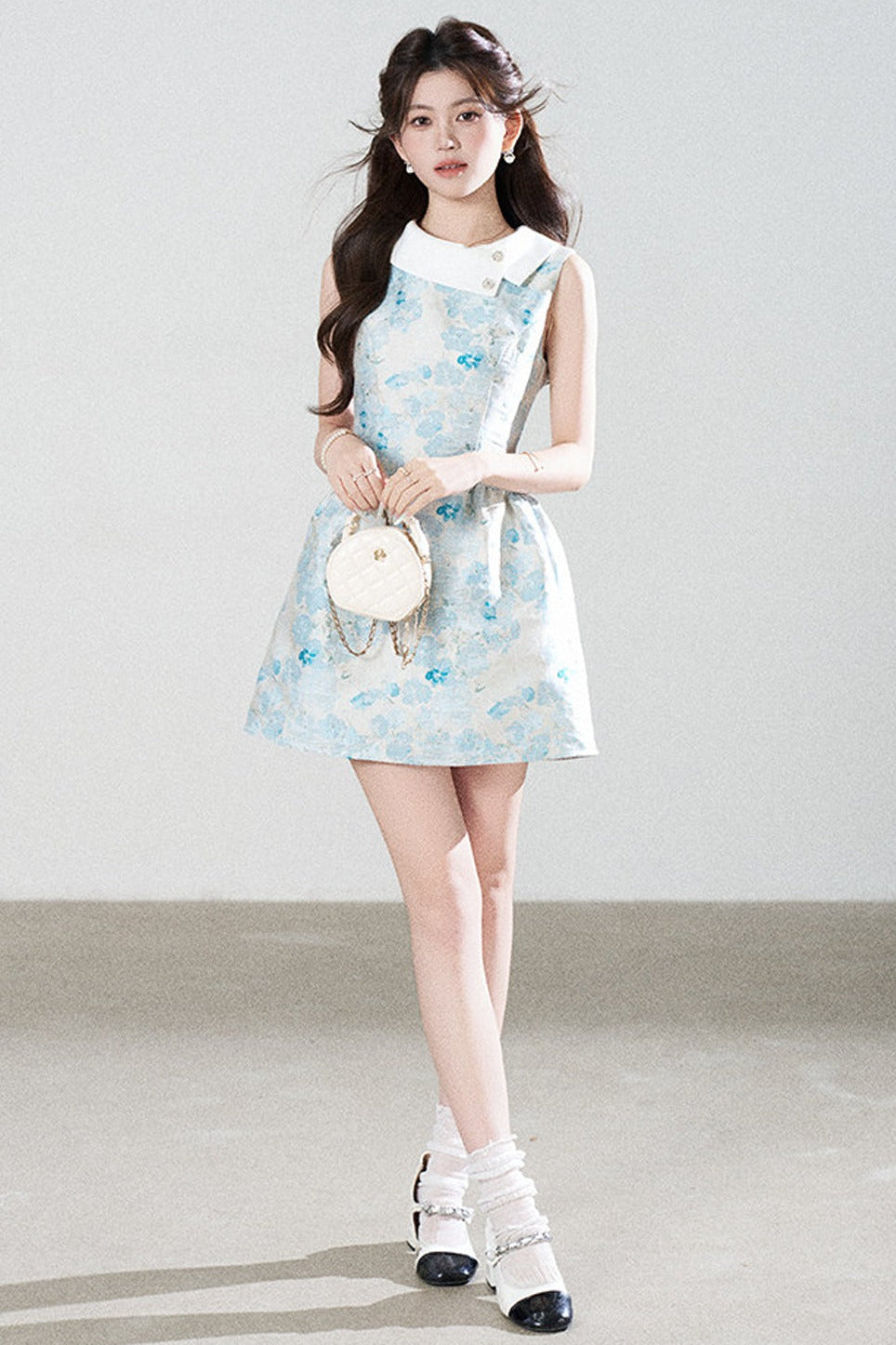 Blue Floral Jacquard Sleeveless Dress