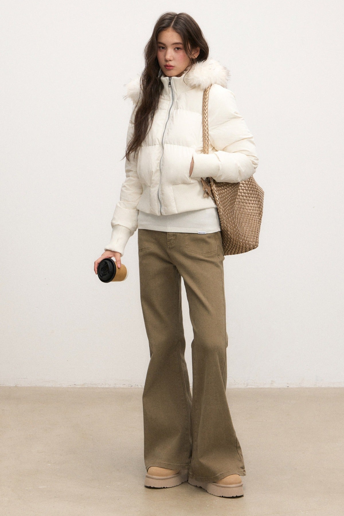 Fur Collar Hooded Down Jacket and Pants Set