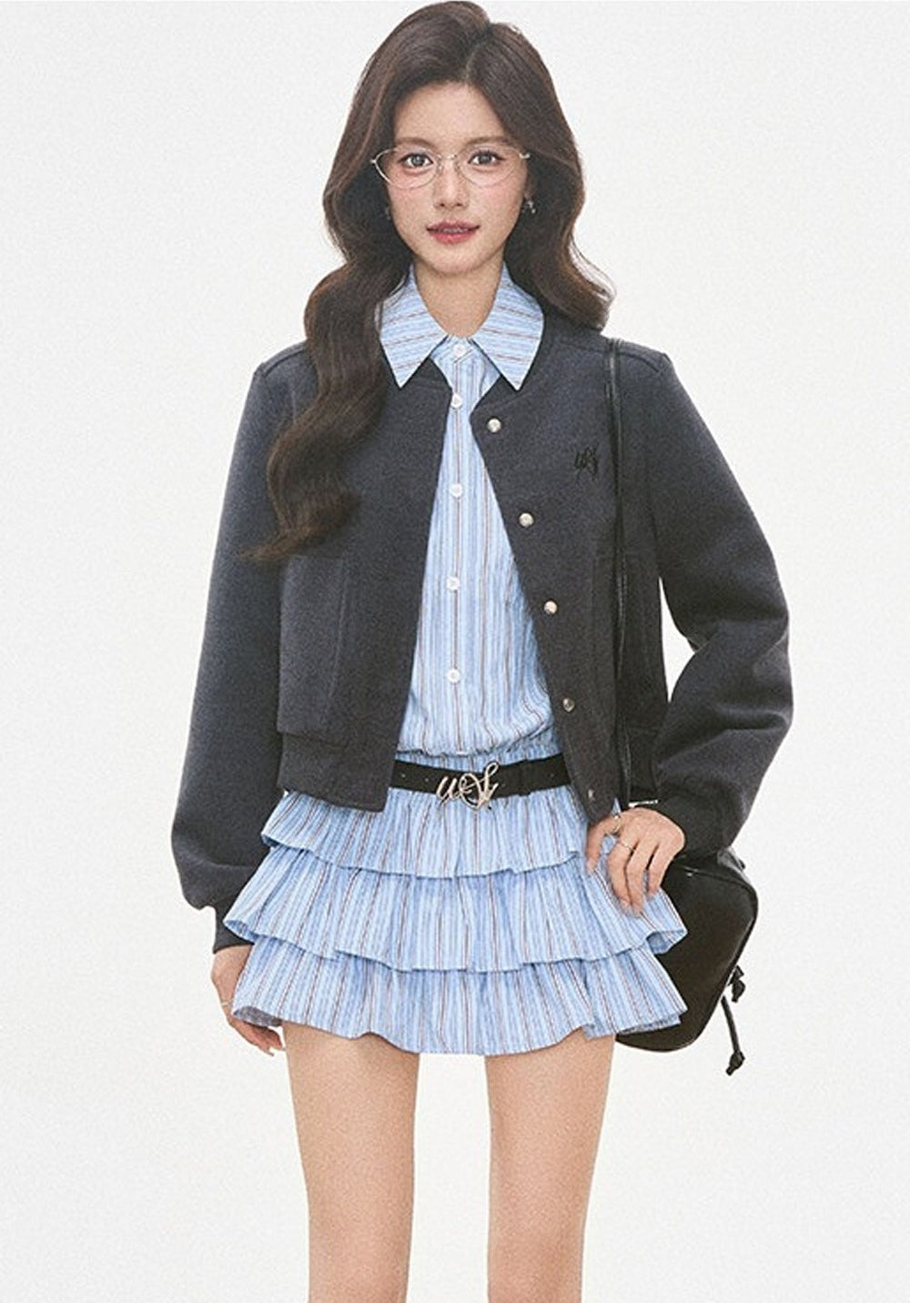 Woolen Baseball Jacket with Tiered Shirt Dress Set-Up