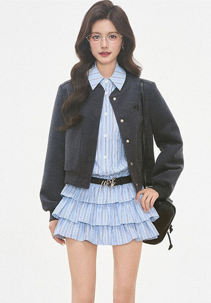 Woolen Baseball Jacket with Tiered Shirt Dress Set-Up