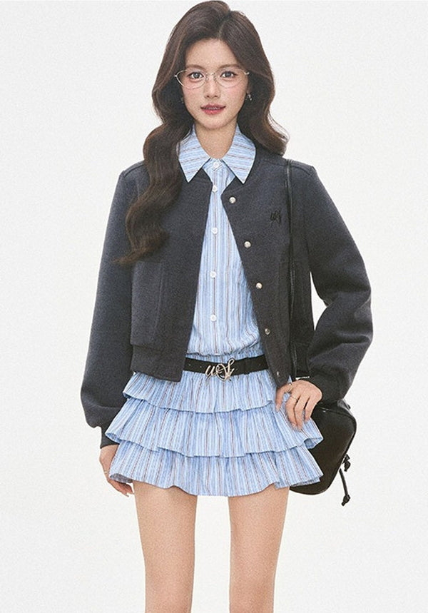 Woolen Baseball Jacket with Tiered Shirt Dress Set-Up