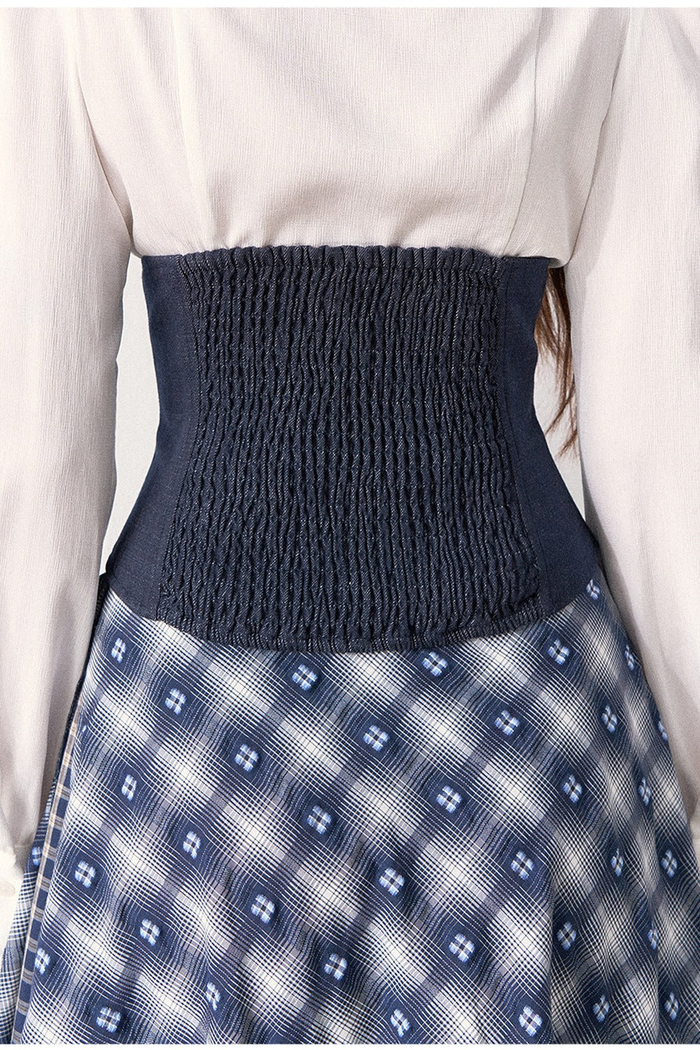 White Shirt and Denim Waistband Asymmetrical Plaid Skirt Set-Up