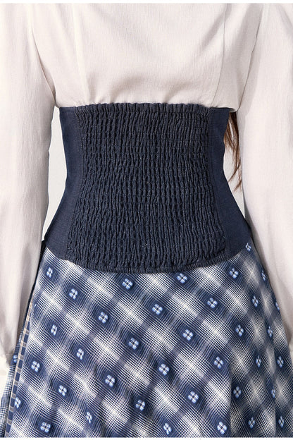 White Shirt and Denim Waistband Asymmetrical Plaid Skirt Set-Up