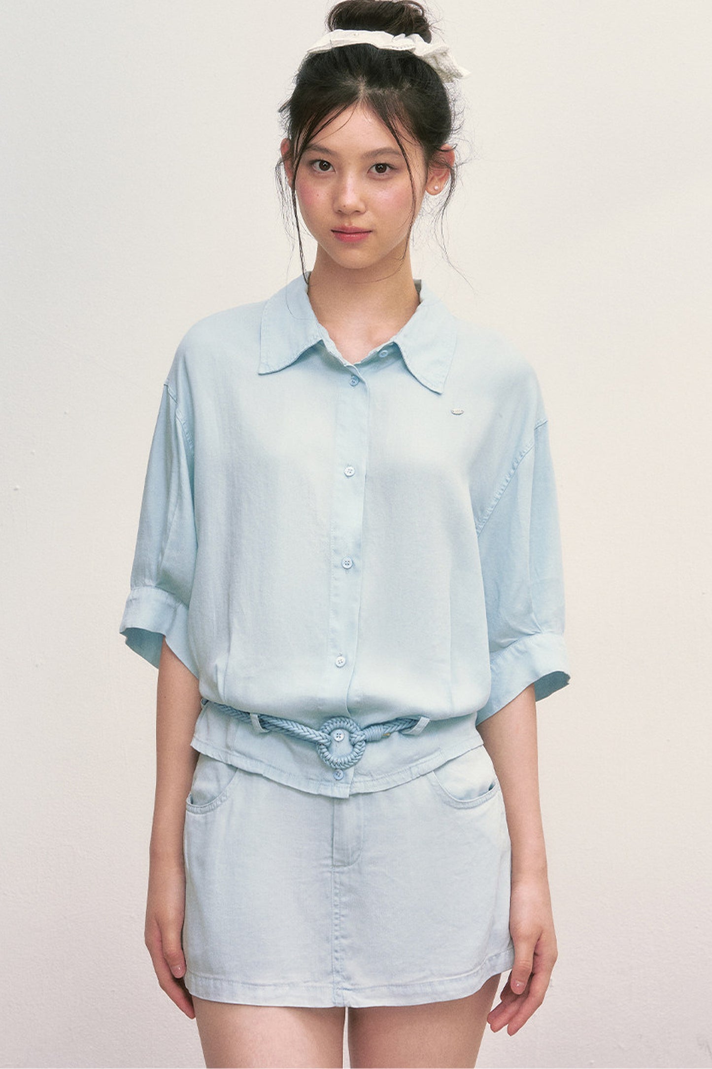 Short Sleeve Light Blue Shirt and Skirt Set-Up