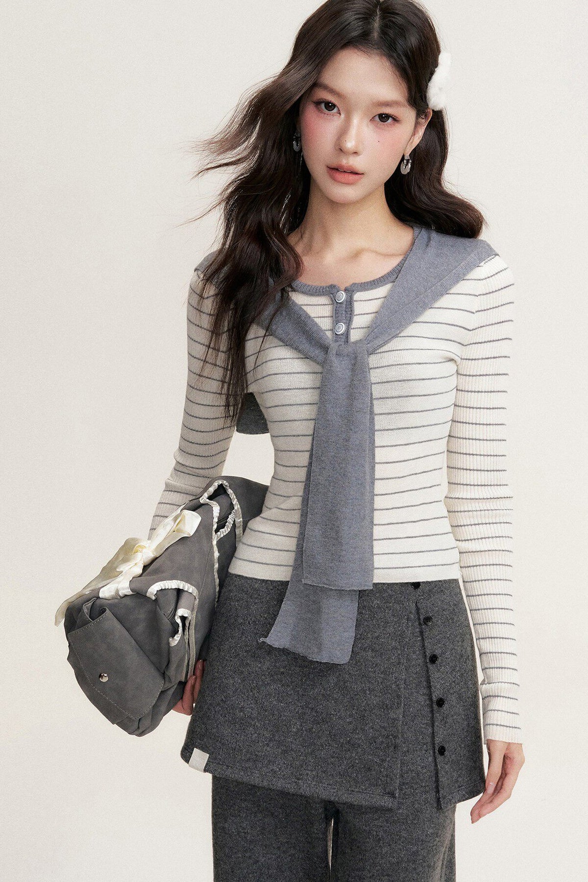 Striped Shawl Collar Long Sleeve Knit Sweater