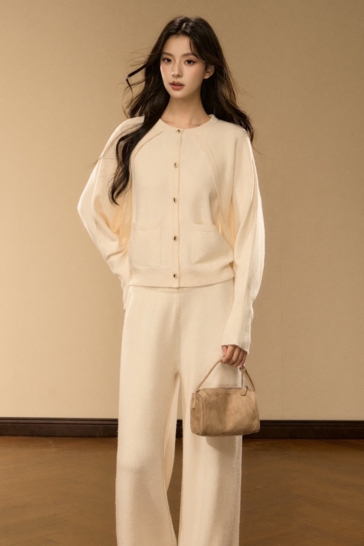 Wool and Cashmere Blend Cardigan and Pants Set-Up